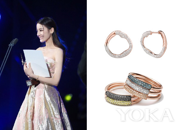 迪丽热巴佩戴Monica Vinader Riva系列的钻石玫瑰金hoop耳环和钻石彩宝戒指。