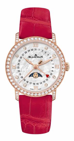宝珀Blancpain月亮佳人日期指示情人节定量版腕表，调配赤色短吻鳄鱼皮表带